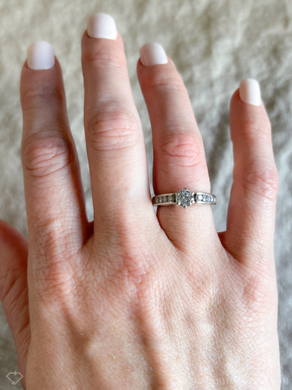 Vintage Diamond Engagement Ring, Round Cut, 14k White Gold, 1990s Channel Set Cathedral
