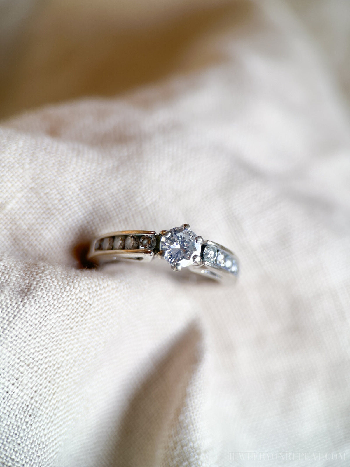 Vintage Diamond Engagement Ring, Round Cut, 14k White Gold, 1990s Channel Set Cathedral