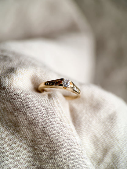 Vintage Diamond Engagement Ring, Round Cut, 14k Gold, Cathedral Channel Set Bridal Ring