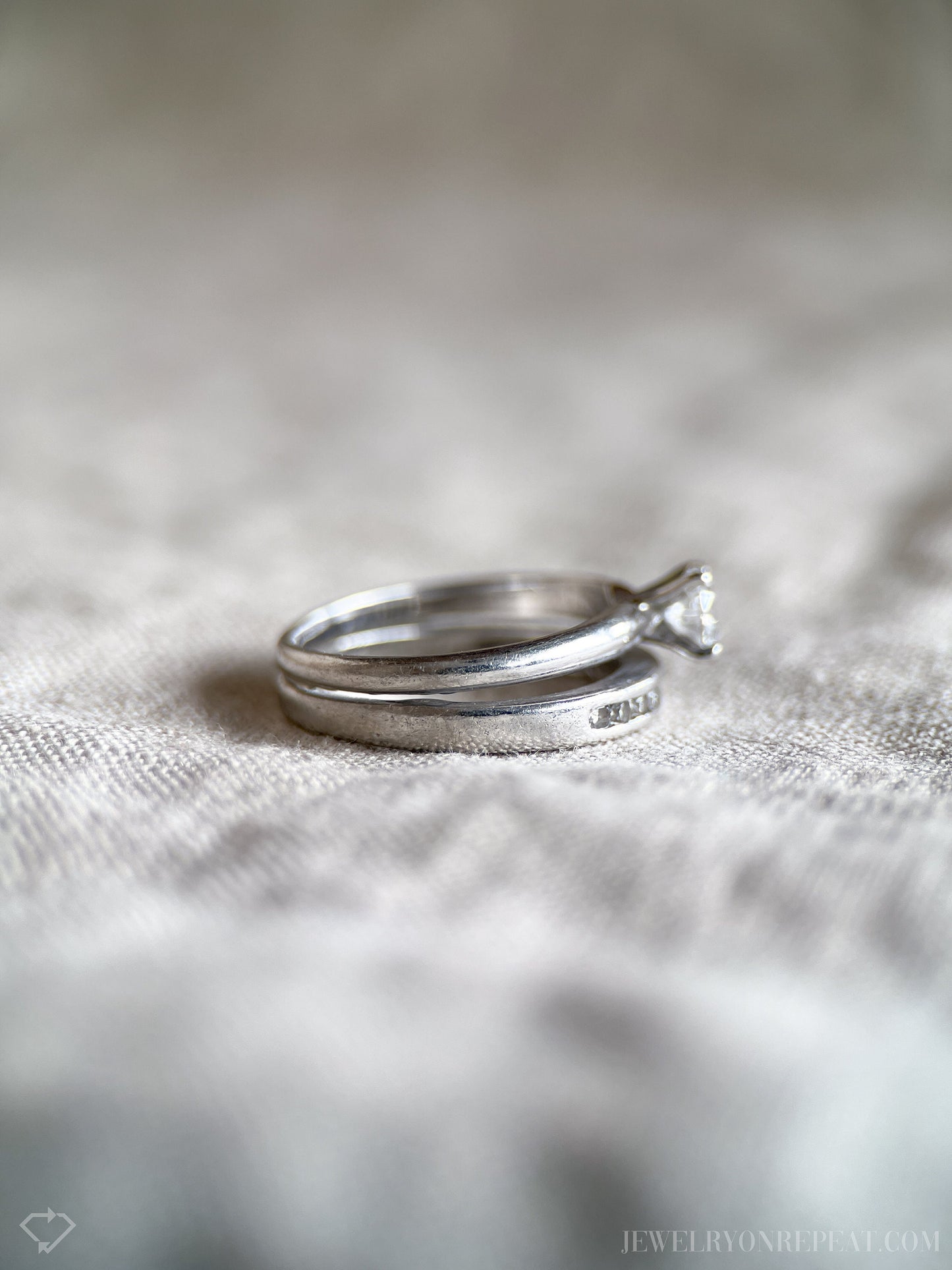 Vintage Diamond Engagement & Wedding Ring, Round Cut, Platinum, 1990s Solitaire Channel Bridal Set