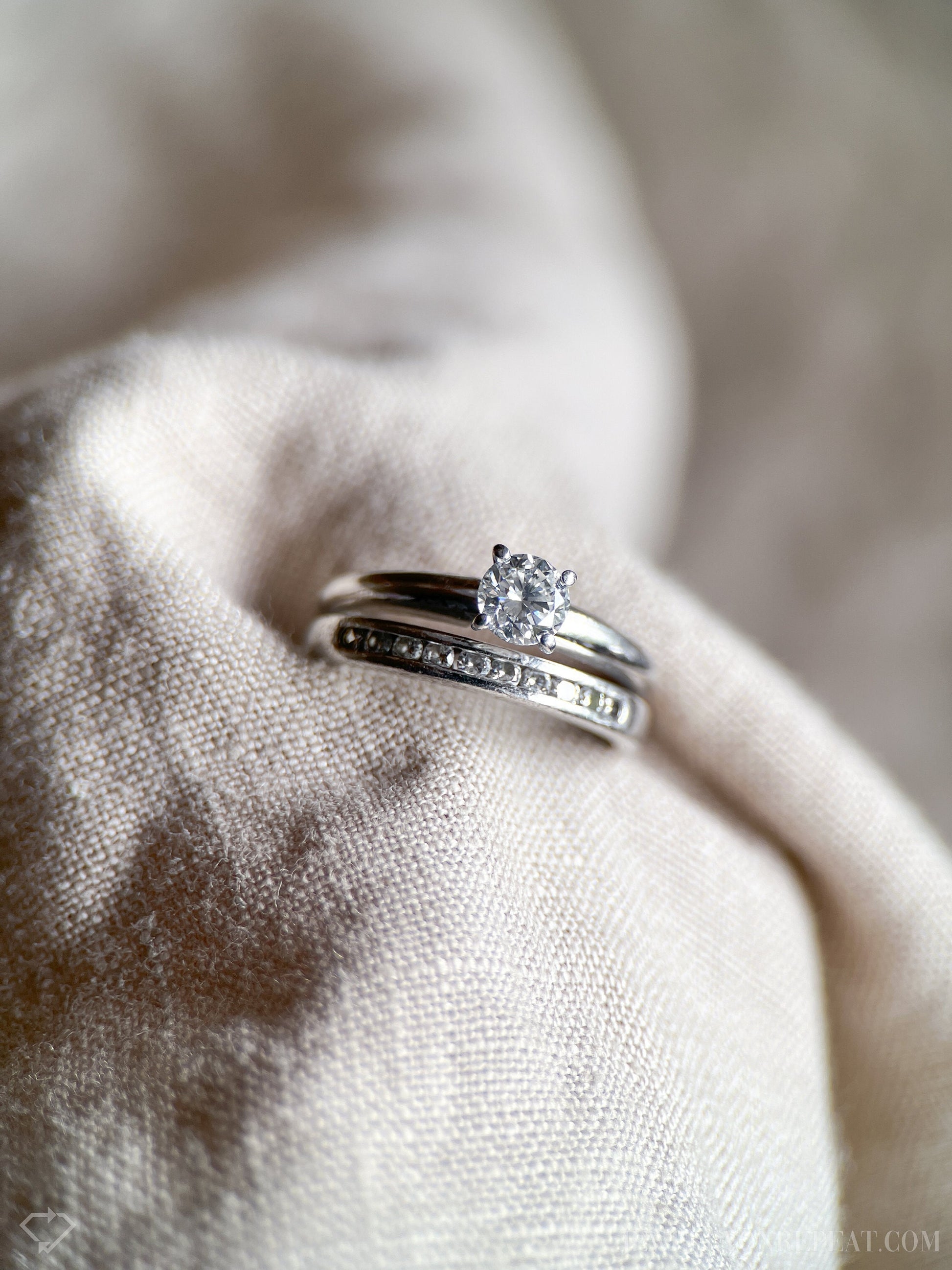 Vintage Diamond Engagement & Wedding Ring, Round Cut, Platinum, 1990s Solitaire Channel Bridal Set