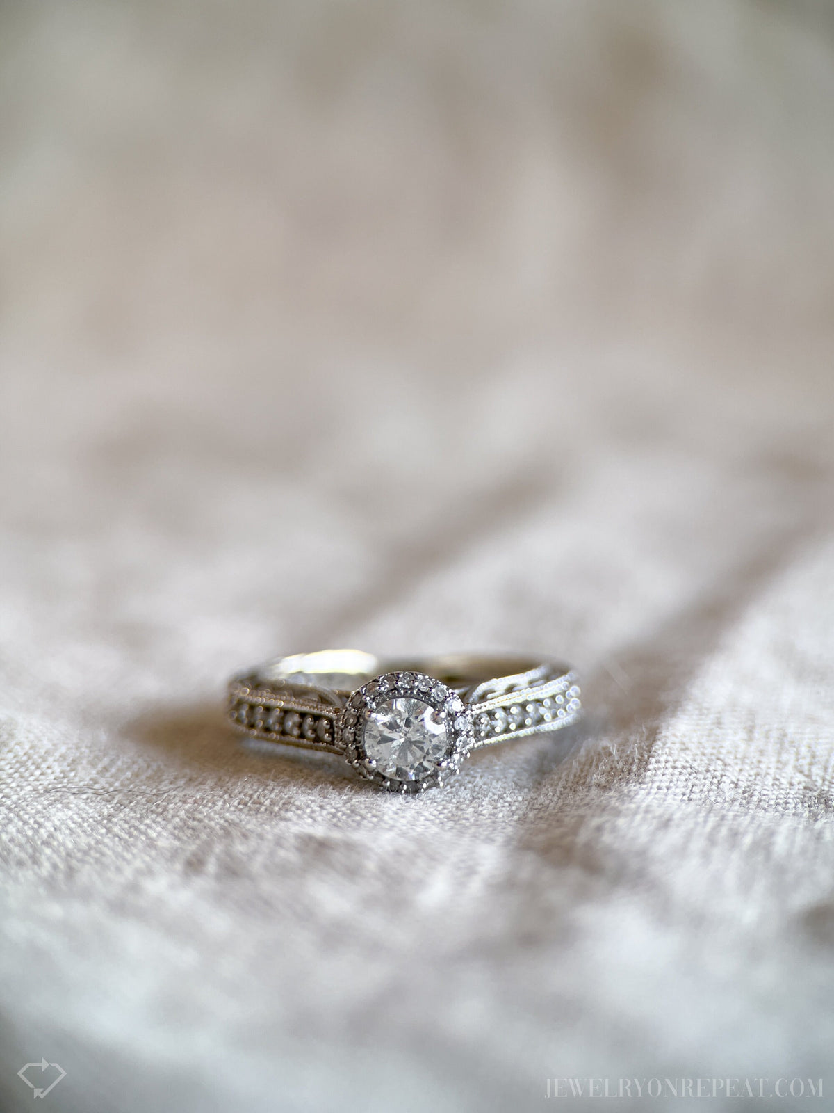 Vintage Diamond Engagement Ring, Round Cut, 14k White Gold, 1990s Halo Filigree Bridal Ring