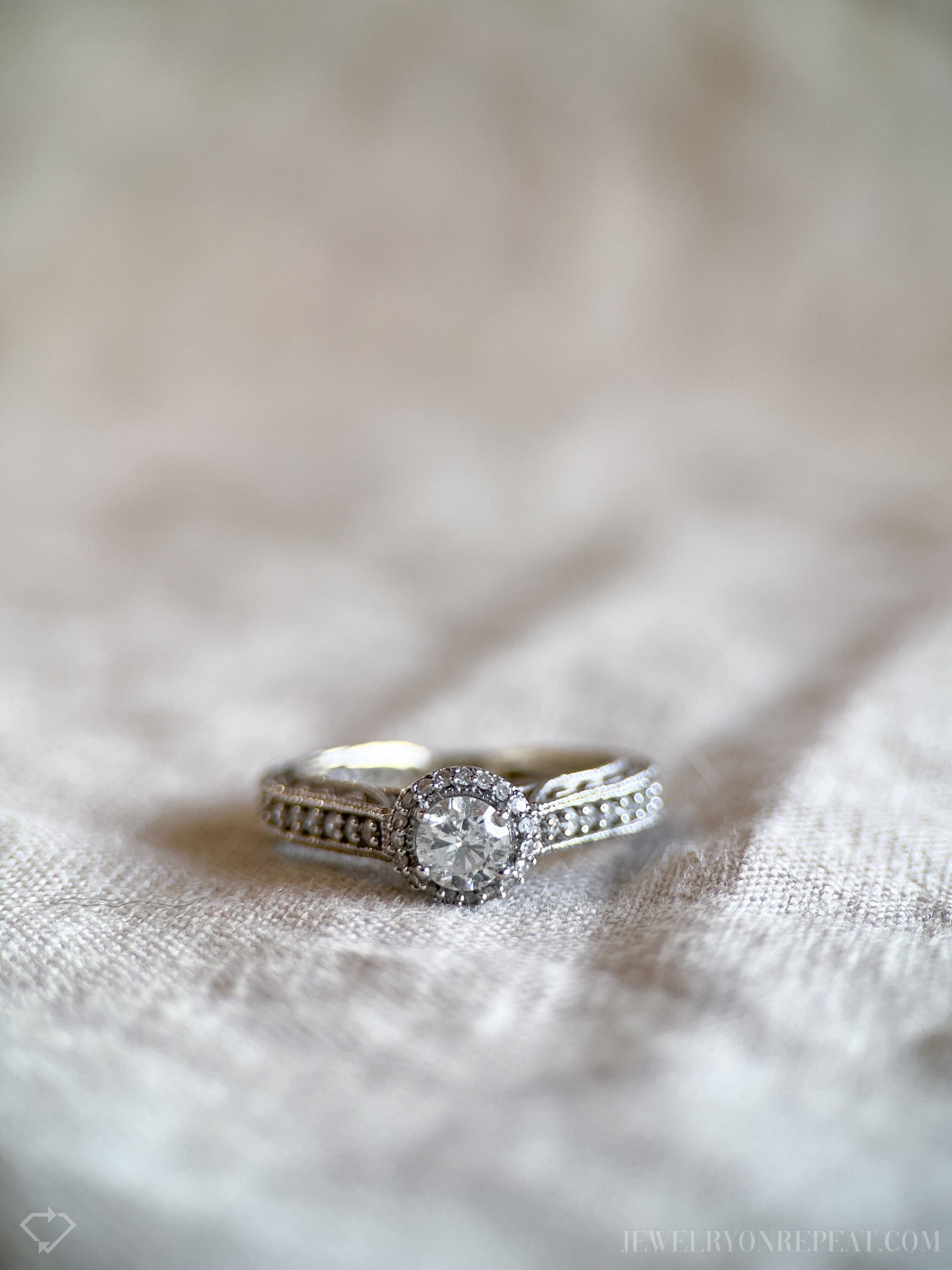 Vintage Diamond Halo Filigree Engagement Ring in 14k White Gold, Retro Jewelry from the 1990s - Timeless, Sustainable, @JewelryOnRepeat