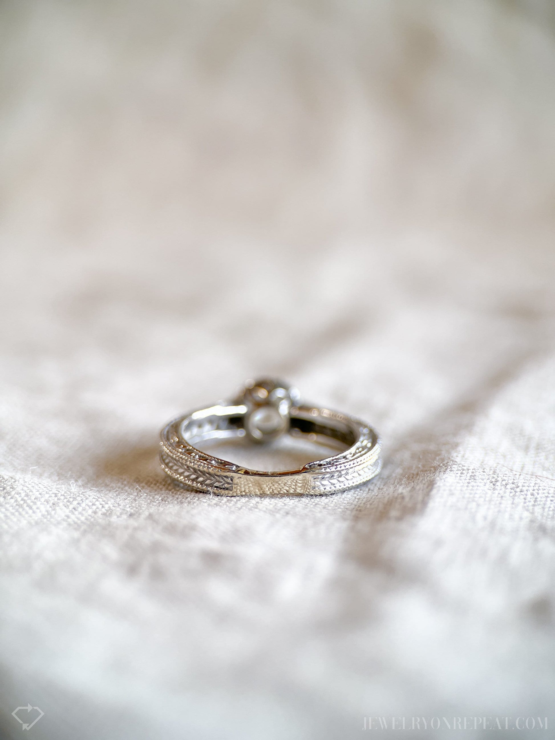 Vintage Diamond Halo Filigree Engagement Ring in 14k White Gold, Retro Jewelry from the 1990s - Timeless, Sustainable, @JewelryOnRepeat