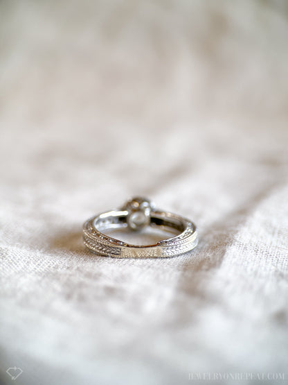 Vintage Diamond Engagement Ring, Round Cut, 14k White Gold, 1990s Halo Filigree Bridal Ring