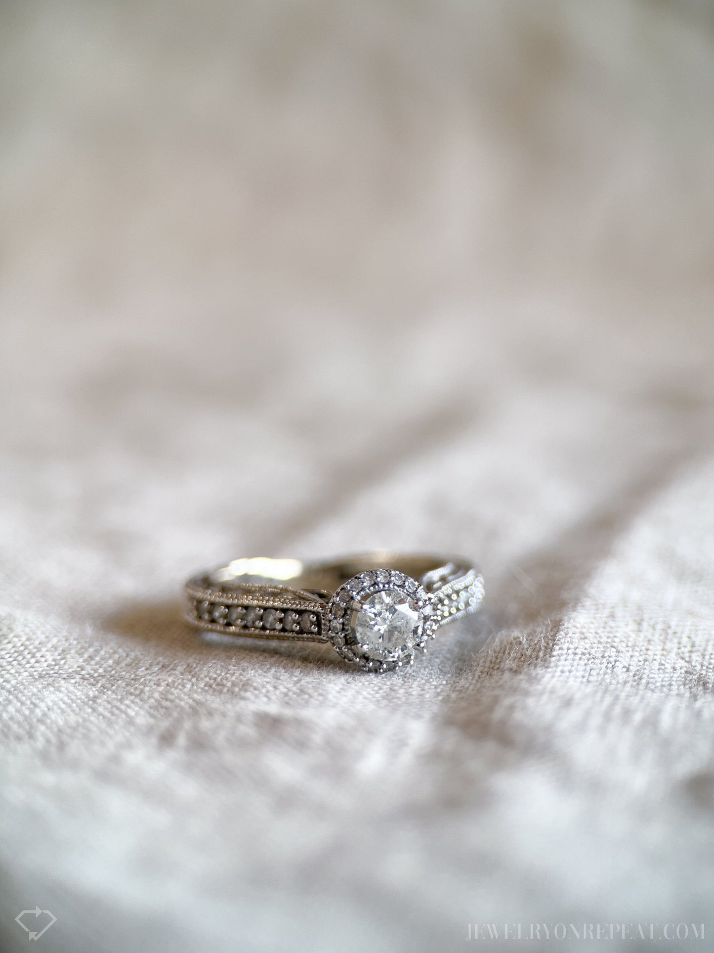 Vintage Diamond Engagement Ring, Round Cut, 14k White Gold, 1990s Halo Filigree Bridal Ring