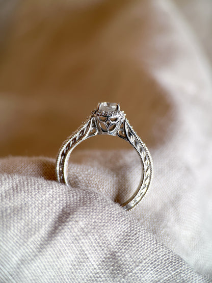 Vintage Diamond Engagement Ring, Round Cut, 14k White Gold, 1990s Halo Filigree Bridal Ring