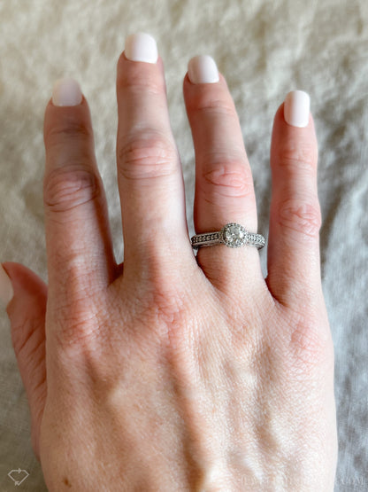 Vintage Diamond Engagement Ring, Round Cut, 14k White Gold, 1990s Halo Filigree Bridal Ring