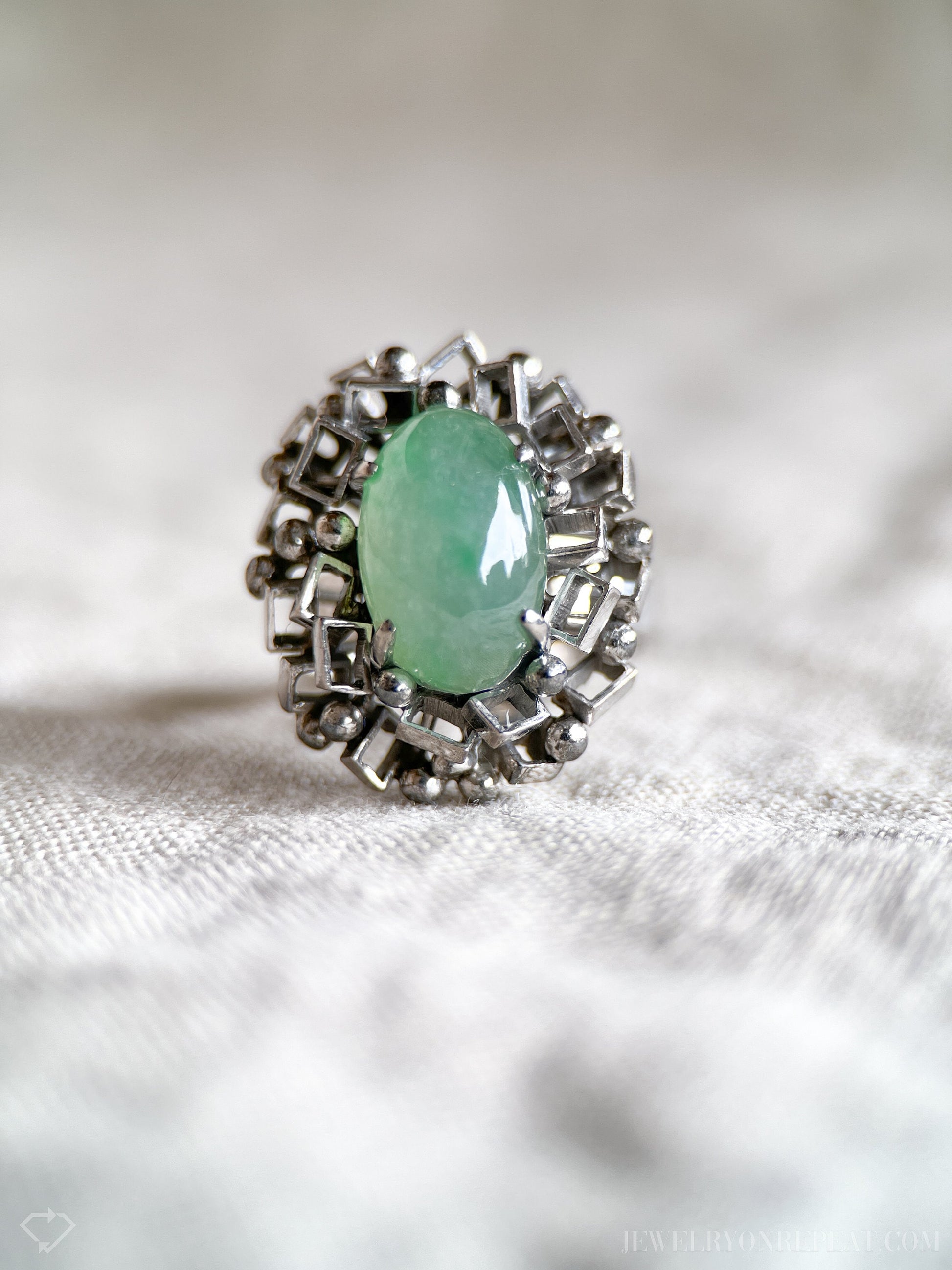 Vintage 1960s Oval Jade Gemstone Ring, 14k White Gold