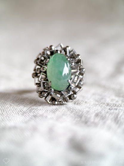 Vintage 1960s Oval Jade Gemstone Ring, 14k White Gold