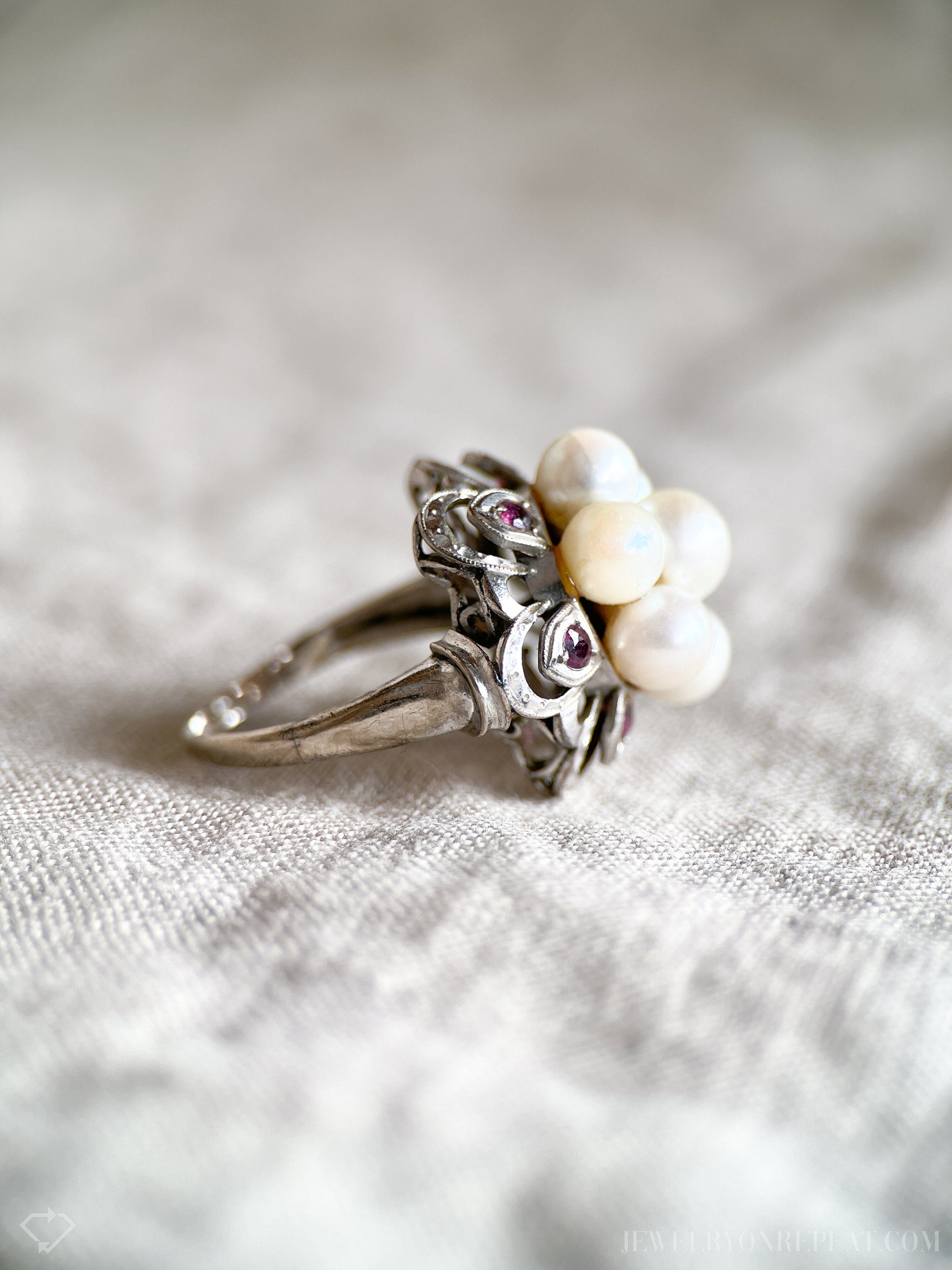 Vintage Pearl Cluster Ring in 14k White Gold