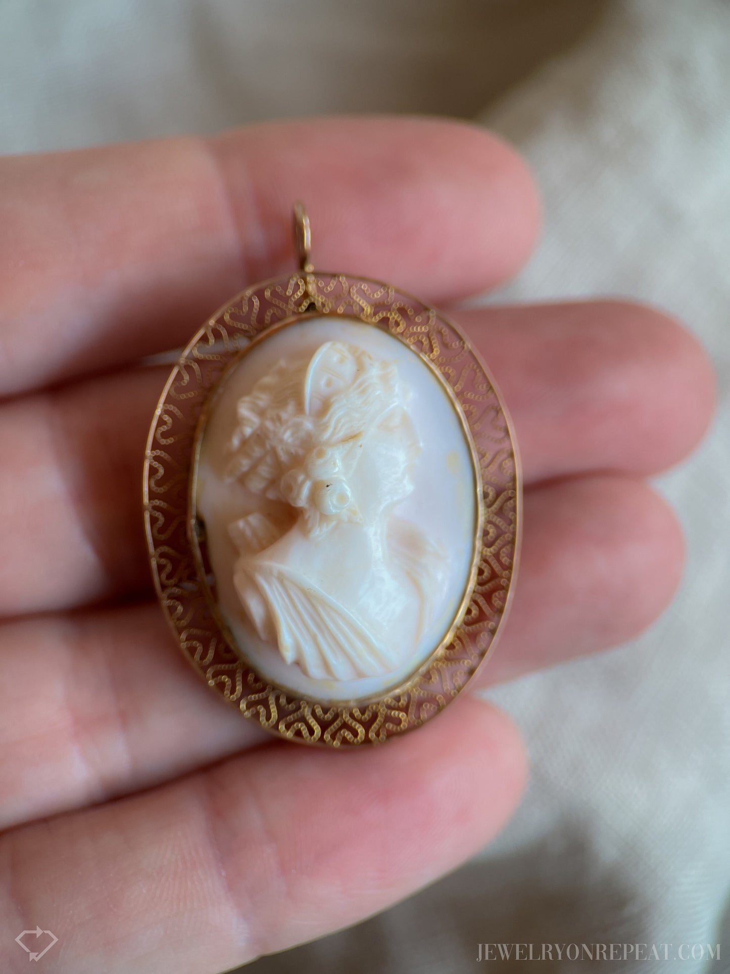 Vintage Pink Cameo Brooch Pendant with Filigree Frame in 10k Gold