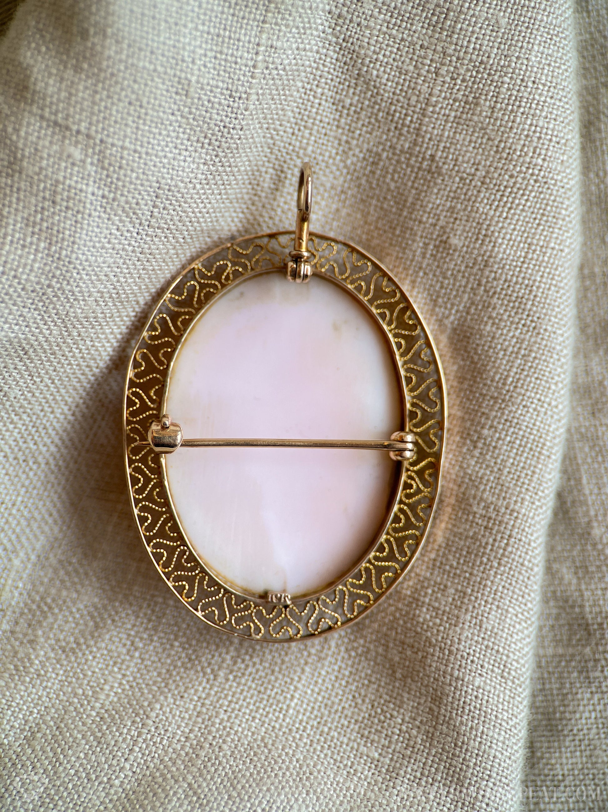 Vintage Pink Cameo Brooch Pendant with Filigree Frame in 10k Gold