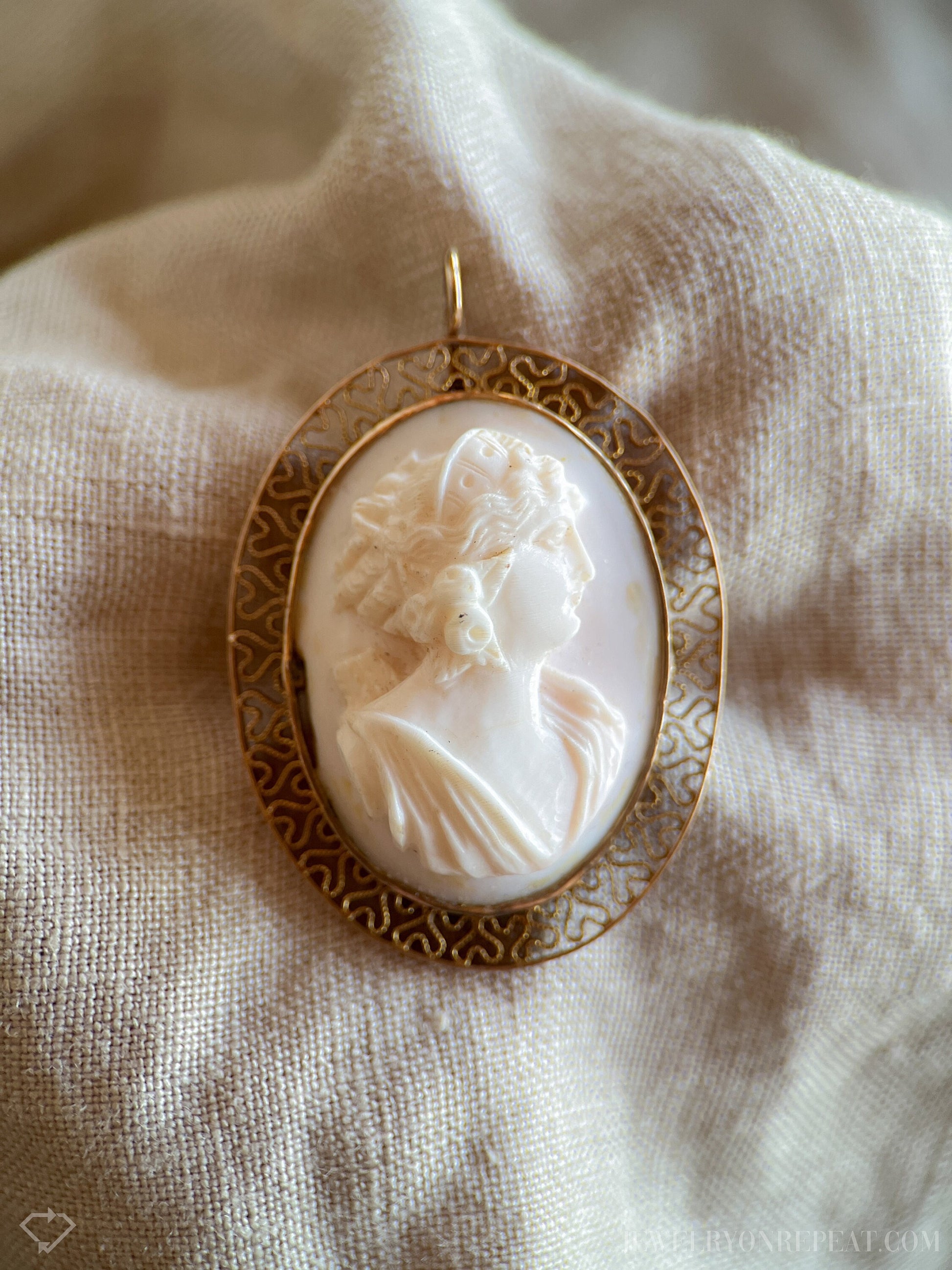 Vintage Pink Cameo Brooch Pendant with Filigree Frame in 10k Gold