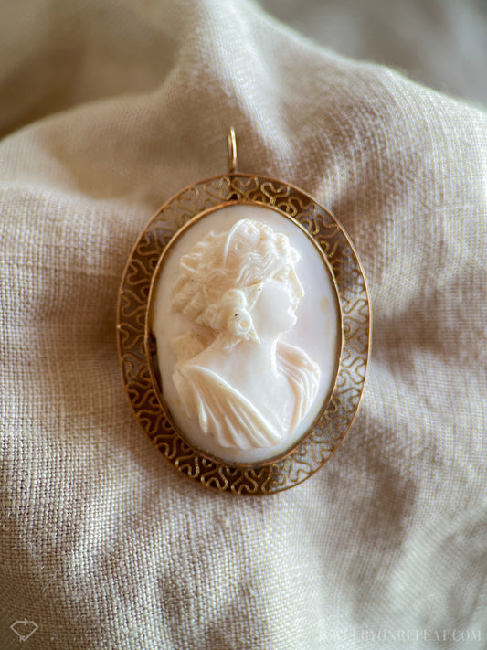 Vintage Pink Cameo Brooch Pendant with Filigree Frame in 10k Gold