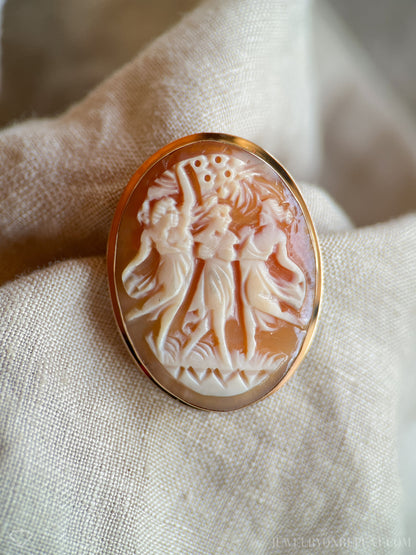 Vintage 1940s Three Graces Cameo Brooch Pendant, 18k Gold