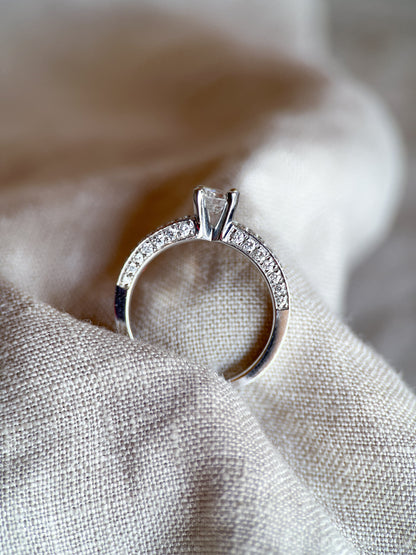 Vintage Diamond Engagement Ring, Round Cut, 14k White Gold, Noam Carver Pave Setting