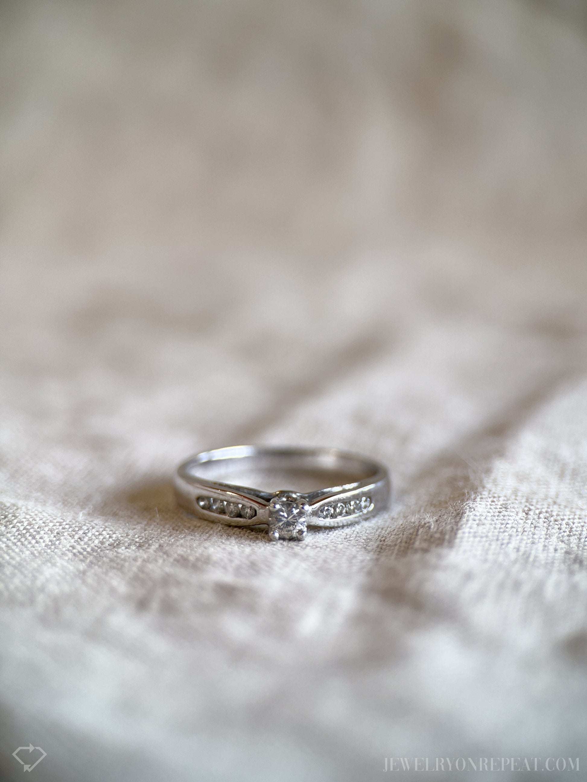 Vintage Diamond Engagement Ring, Round Cut, 10k White Gold, 1990s Channel Set Cathedral
