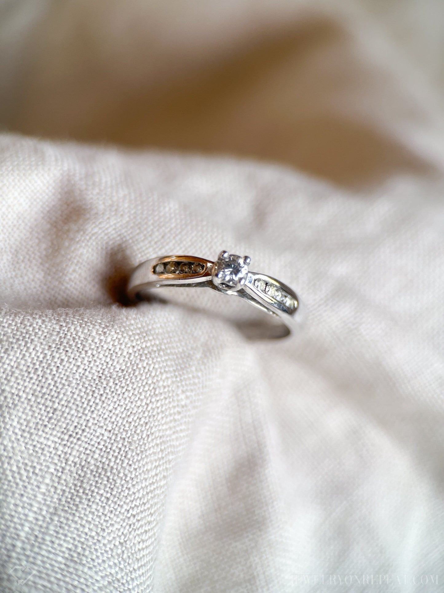 Vintage Diamond Engagement Ring, Round Cut, 10k White Gold, 1990s Channel Set Cathedral