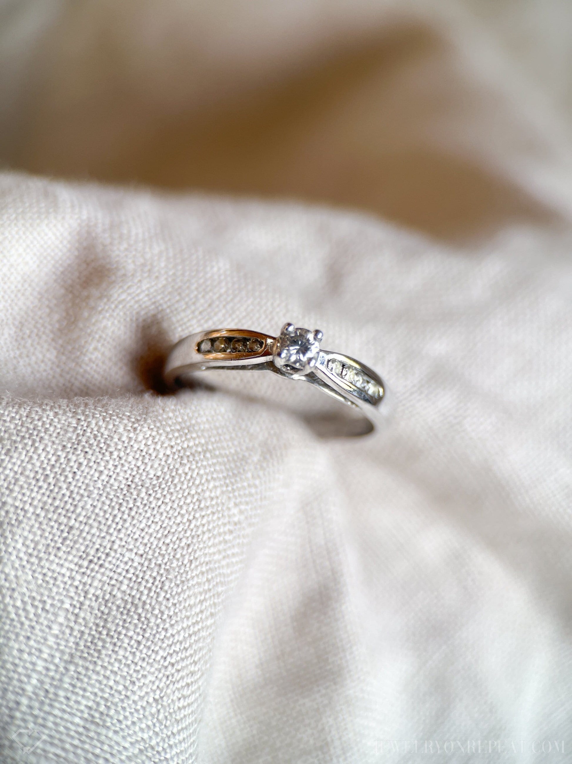 Vintage Diamond Engagement Ring, Round Cut, 10k White Gold, 1990s Channel Set Cathedral