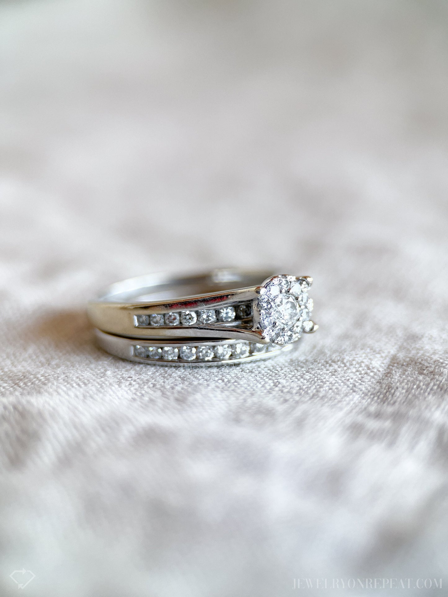 Vintage Bridal Set with Diamond Halo Engagement Ring and Channel Set Wedding Band in 14k White Gold - Timeless