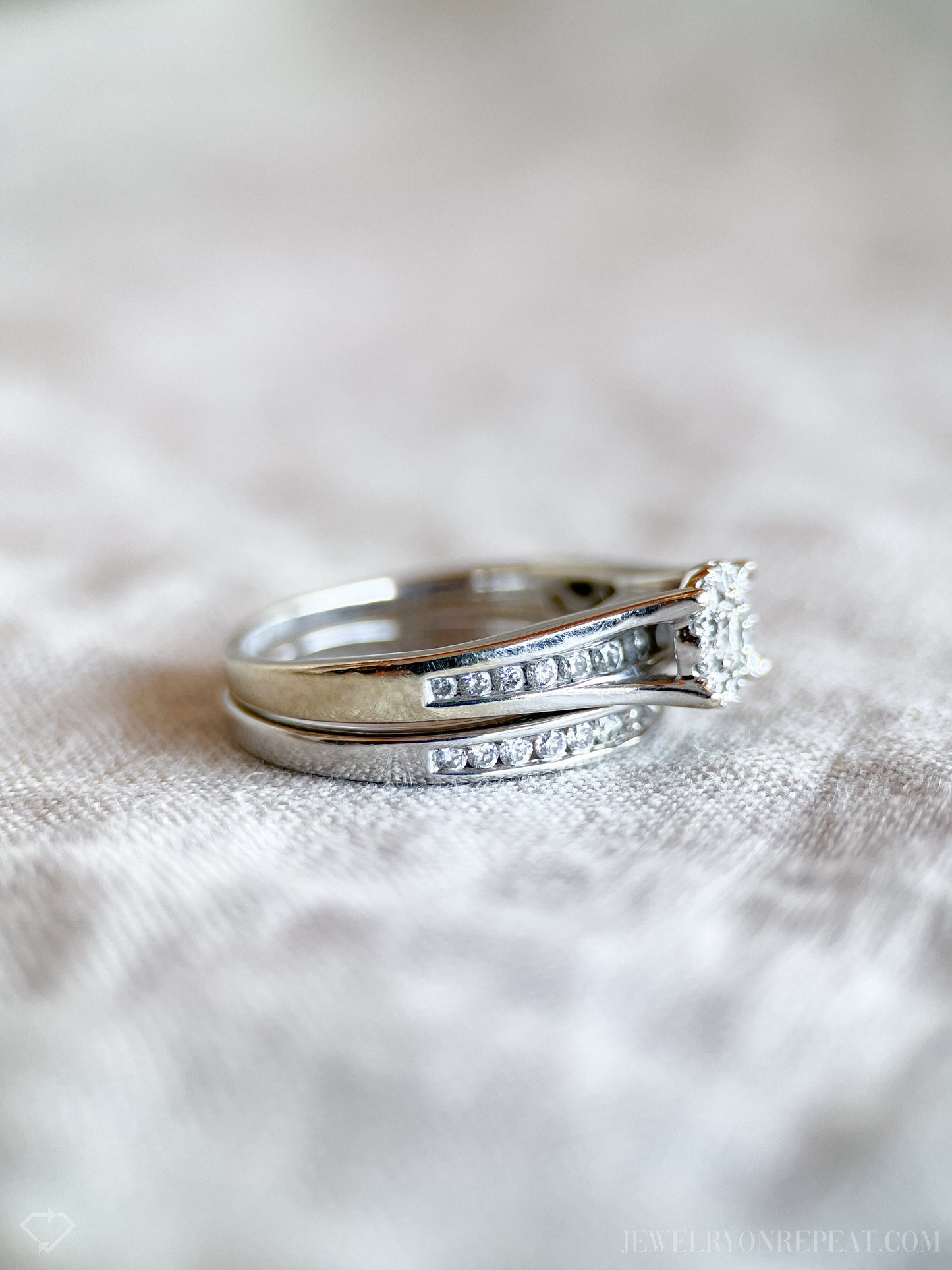 Vintage Bridal Set with Diamond Halo Engagement Ring and Channel Set Wedding Band in 14k White Gold - Timeless