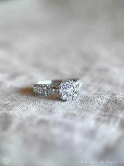 Vintage Diamond Engagement Ring, Round Cut, 14k White Gold, 2000s Halo Prong Setting