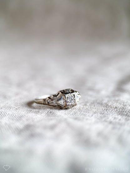 Antique 1920s Art Deco Diamond Engagement Ring, 14k White Gold