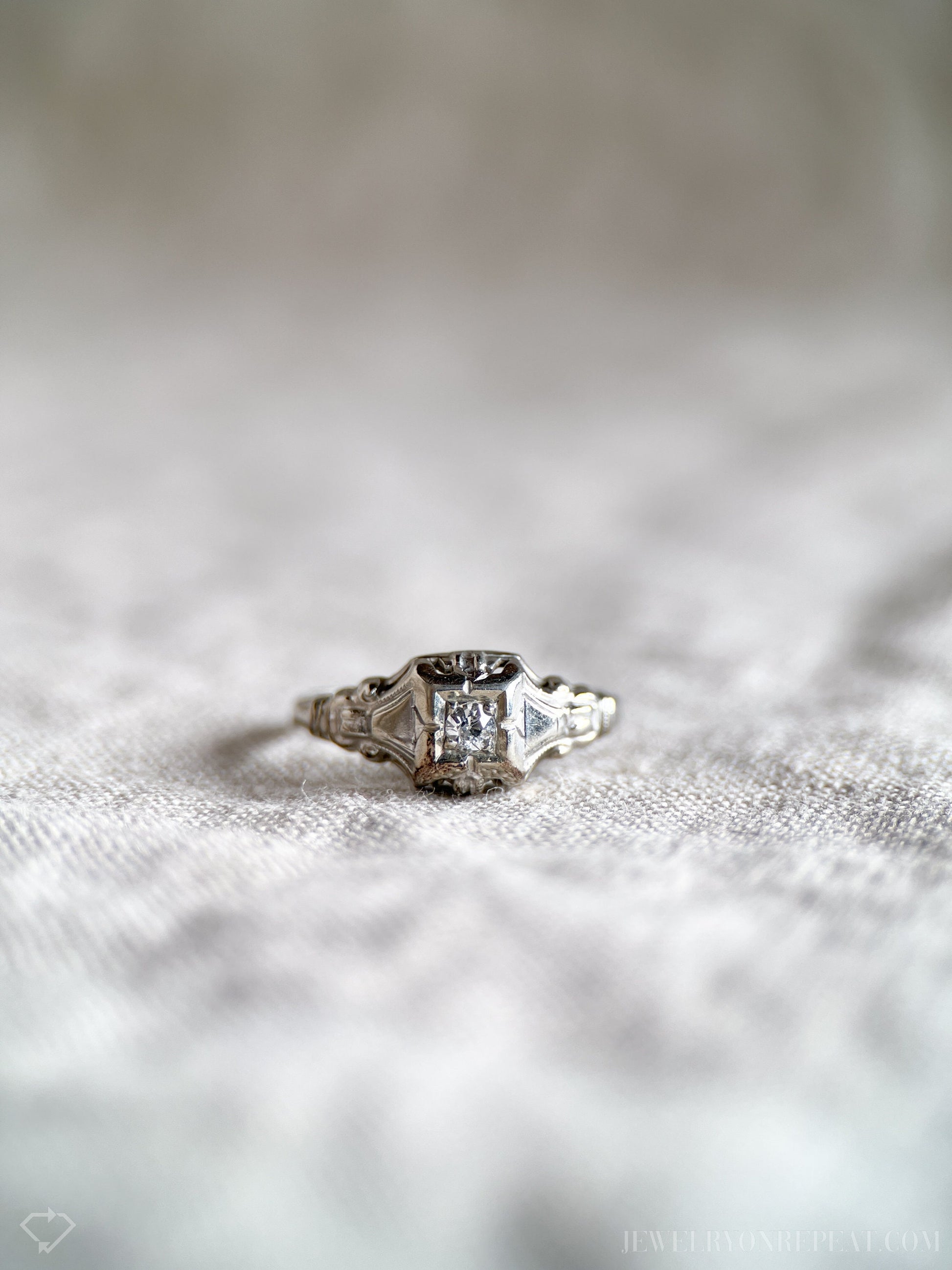 Antique 1920s Art Deco Diamond Engagement Ring, 14k White Gold