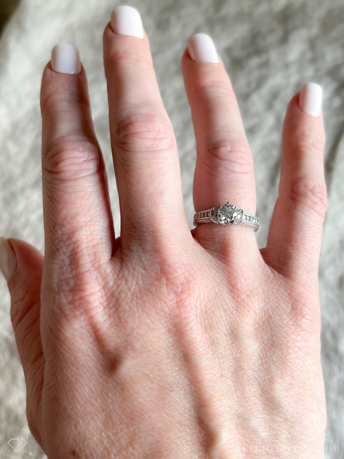 Vintage Diamond Engagement Ring, Round Cut, 18k White Gold, 2000s Ornate Filigree Cathedral