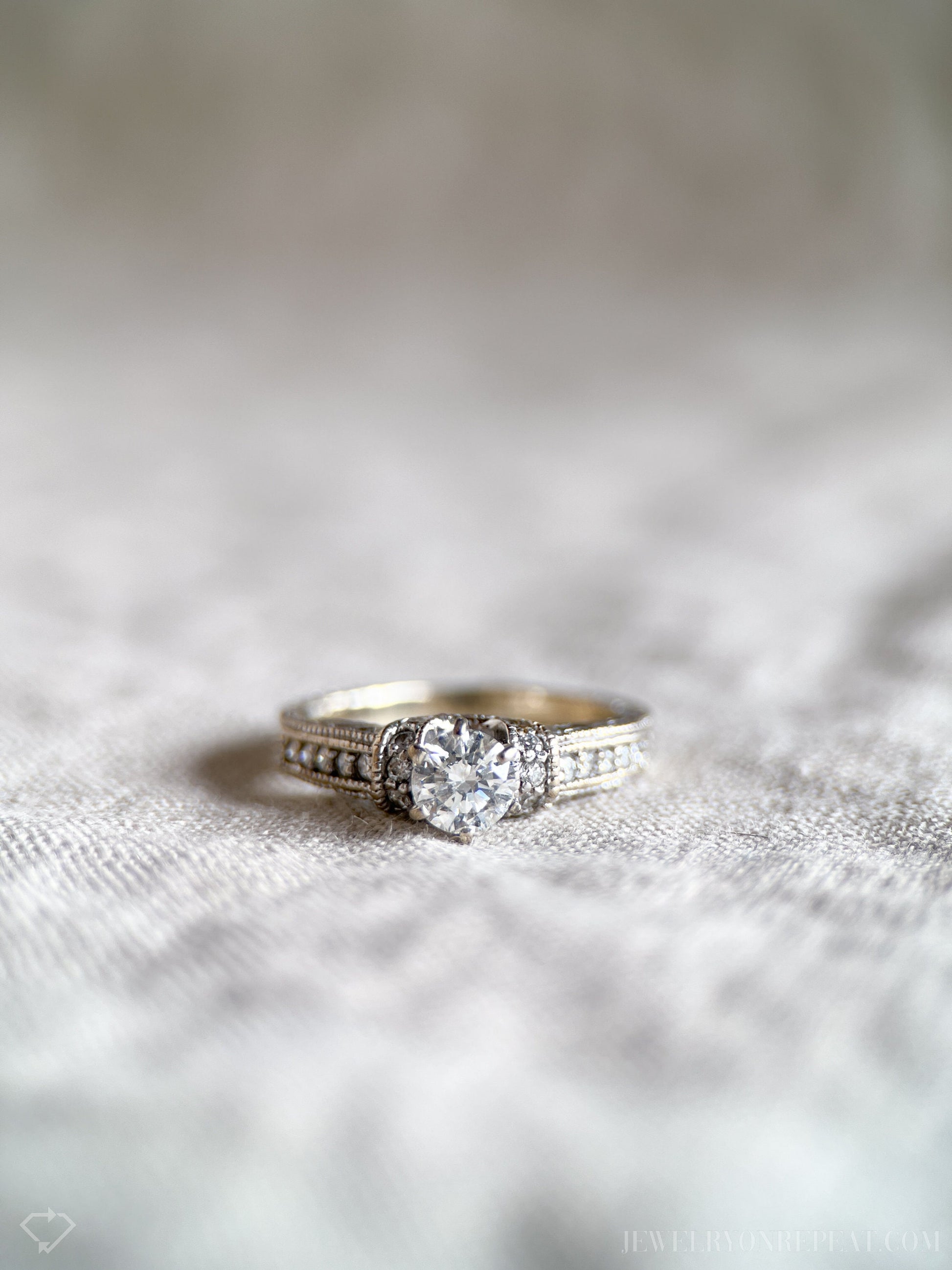 Vintage Diamond Engagement Ring, Round Cut, 18k White Gold, 2000s Ornate Filigree Cathedral