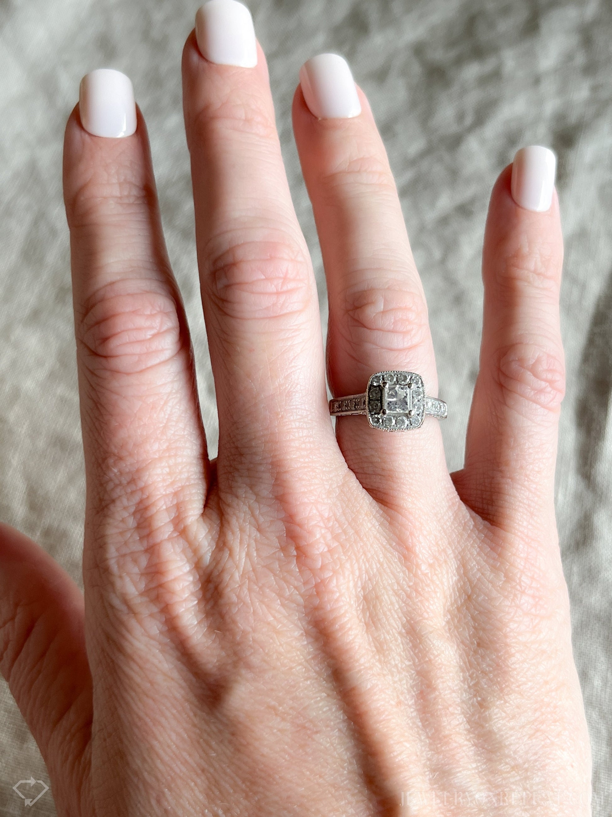 Vintage Diamond Engagement Ring, Princess Cut, 14k White Gold, 1990s Halo Bridal Ring