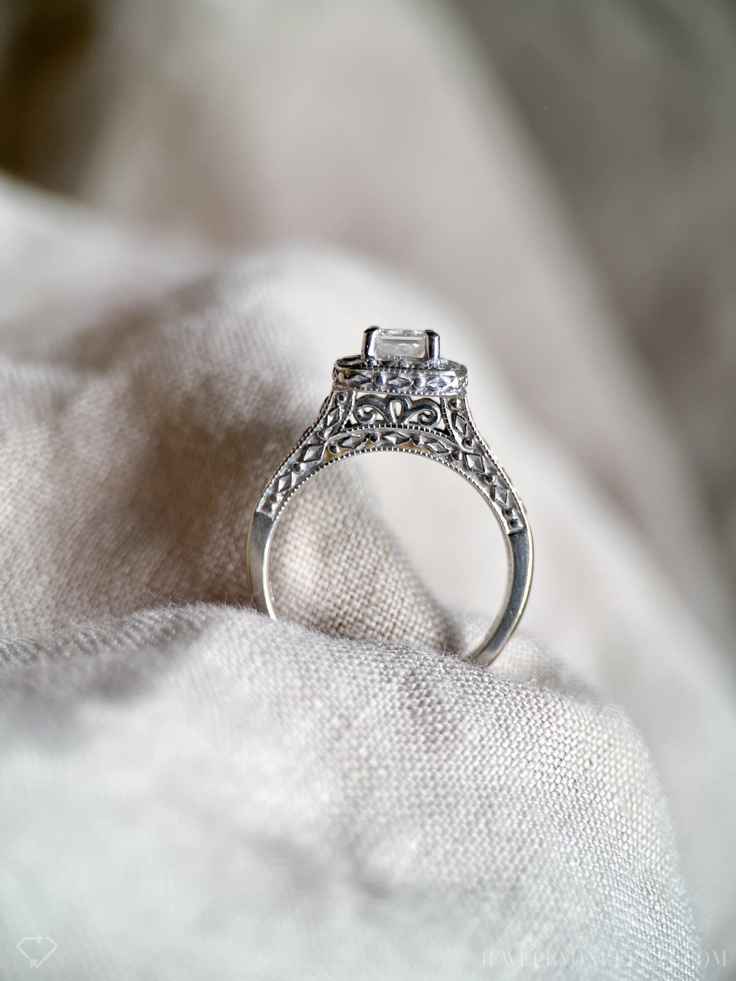 Vintage Diamond Engagement Ring, Princess Cut, 14k White Gold, 1990s Halo Bridal Ring