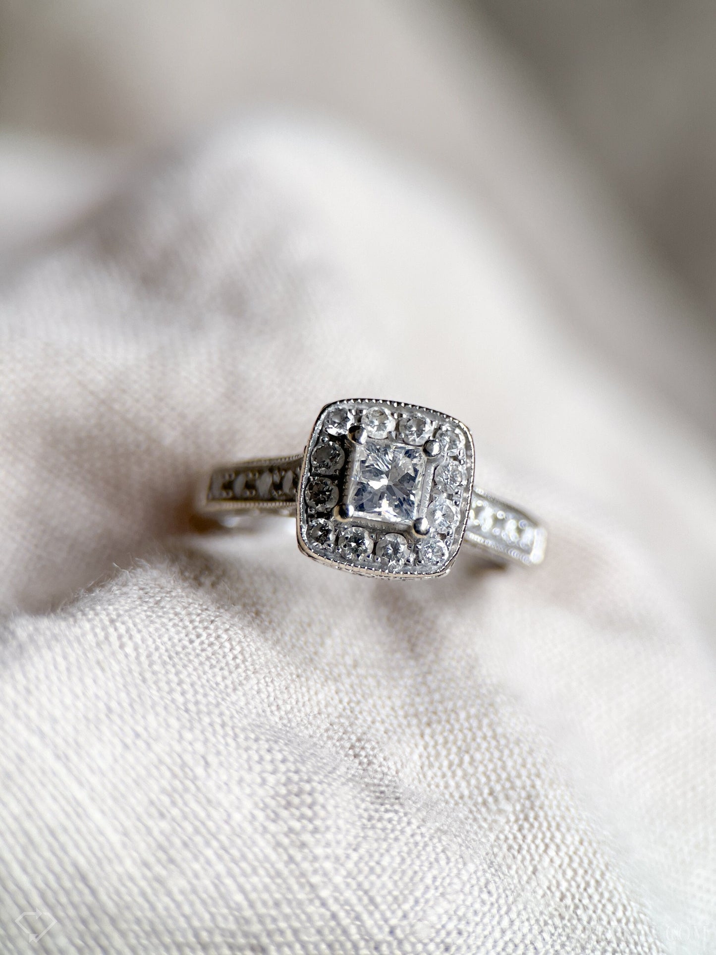 Vintage Diamond Engagement Ring, Princess Cut, 14k White Gold, 1990s Halo Bridal Ring