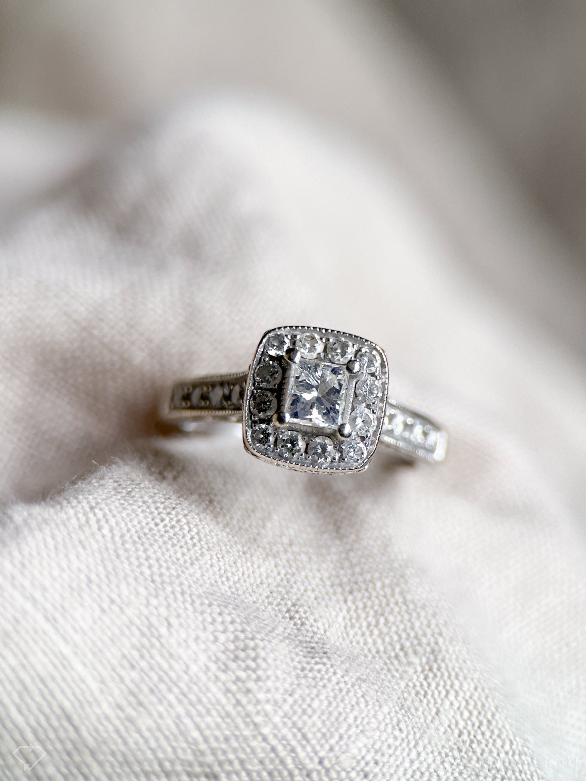 Vintage Diamond Engagement Ring, Princess Cut, 14k White Gold, 1990s Halo Bridal Ring