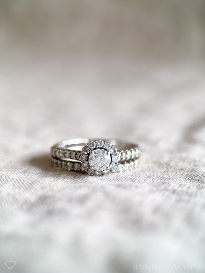 Vintage Diamond Engagement & Wedding Ring Set, Round Cut, 14k White Gold, 1990s Halo Setting