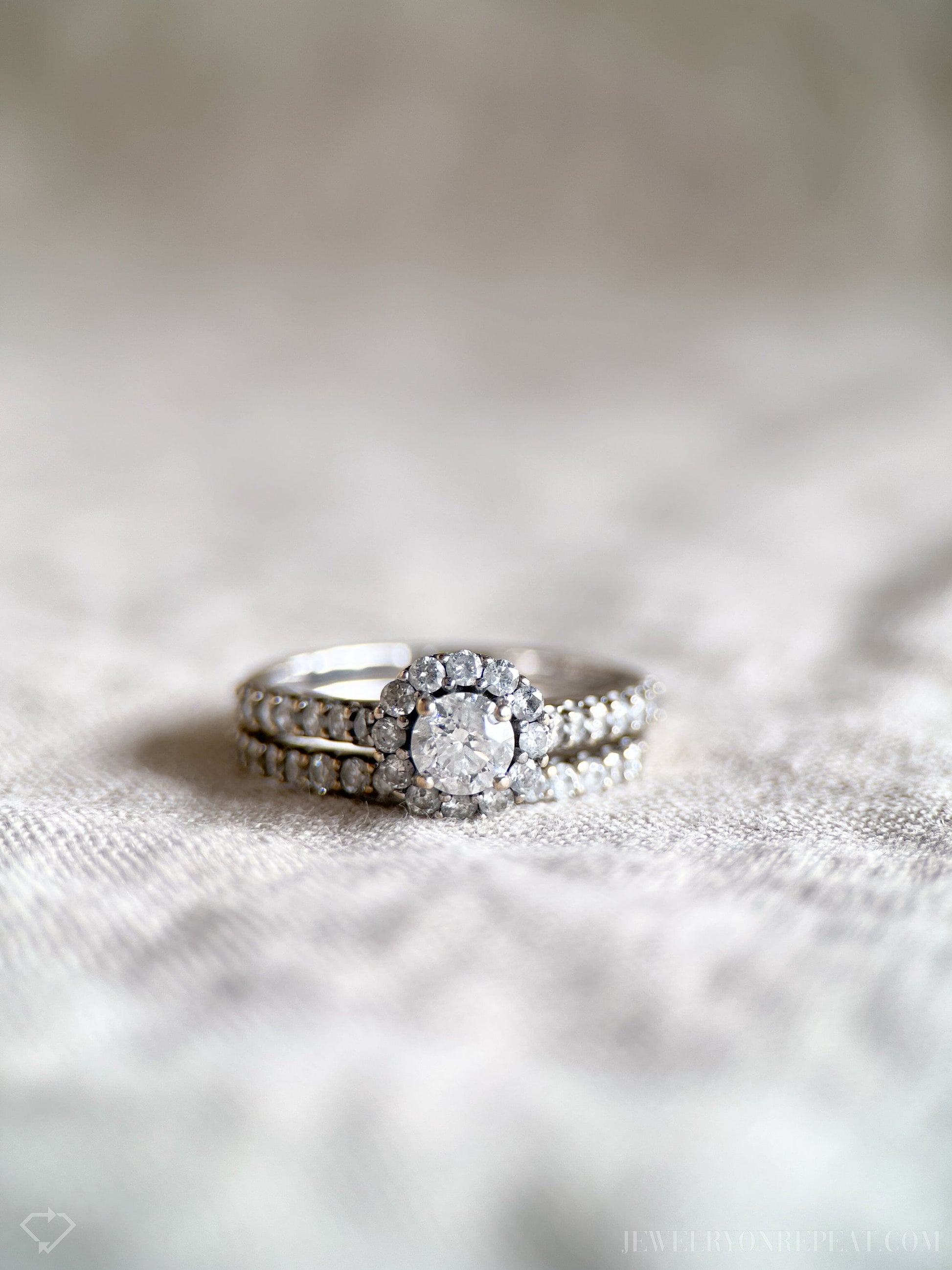 Vintage Diamond Halo Engagement Ring and Wedding Band Set in 14k White Gold