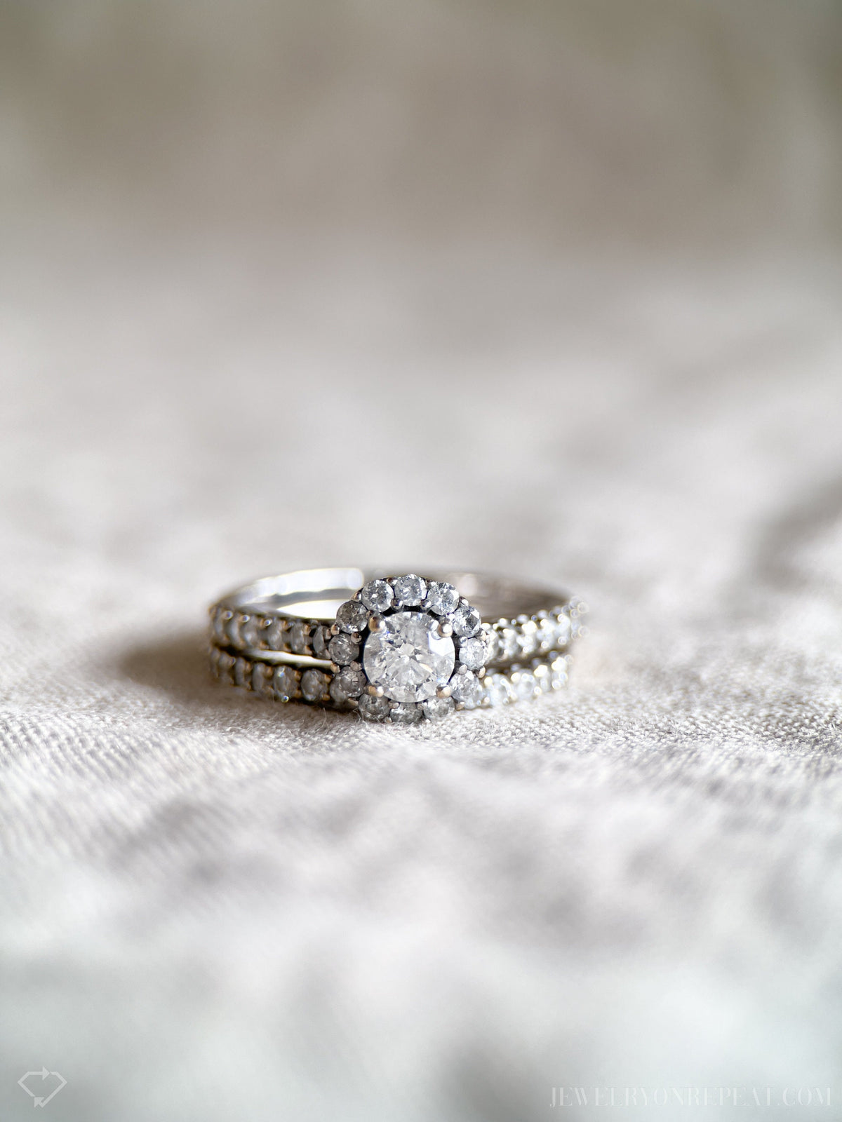 Vintage Diamond Engagement & Wedding Ring Set, Round Cut, 14k White Gold, 1990s Halo Setting