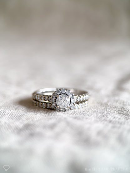 Vintage Diamond Engagement & Wedding Ring Set, Round Cut, 14k White Gold, 1990s Halo Setting