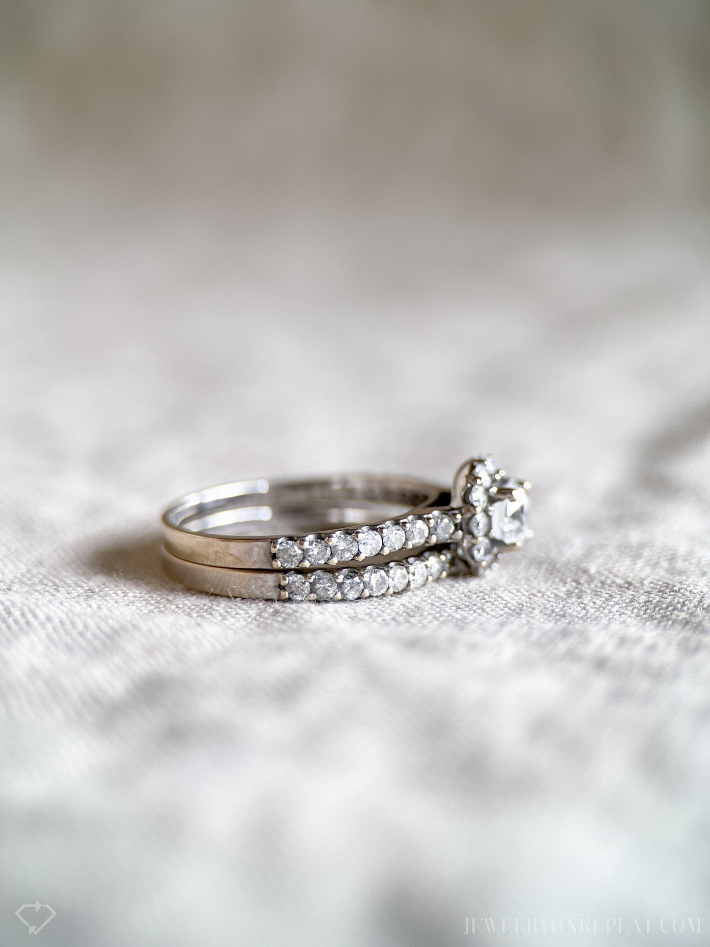 Vintage Diamond Engagement & Wedding Ring Set, Round Cut, 14k White Gold, 1990s Halo Setting