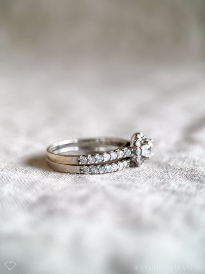Vintage Diamond Engagement & Wedding Ring Set, Round Cut, 14k White Gold, 1990s Halo Setting