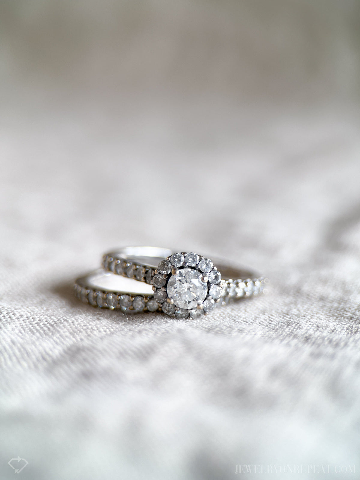 Vintage Diamond Engagement & Wedding Ring Set, Round Cut, 14k White Gold, 1990s Halo Setting
