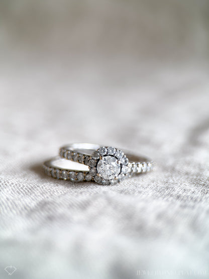 Vintage Diamond Engagement & Wedding Ring Set, Round Cut, 14k White Gold, 1990s Halo Setting