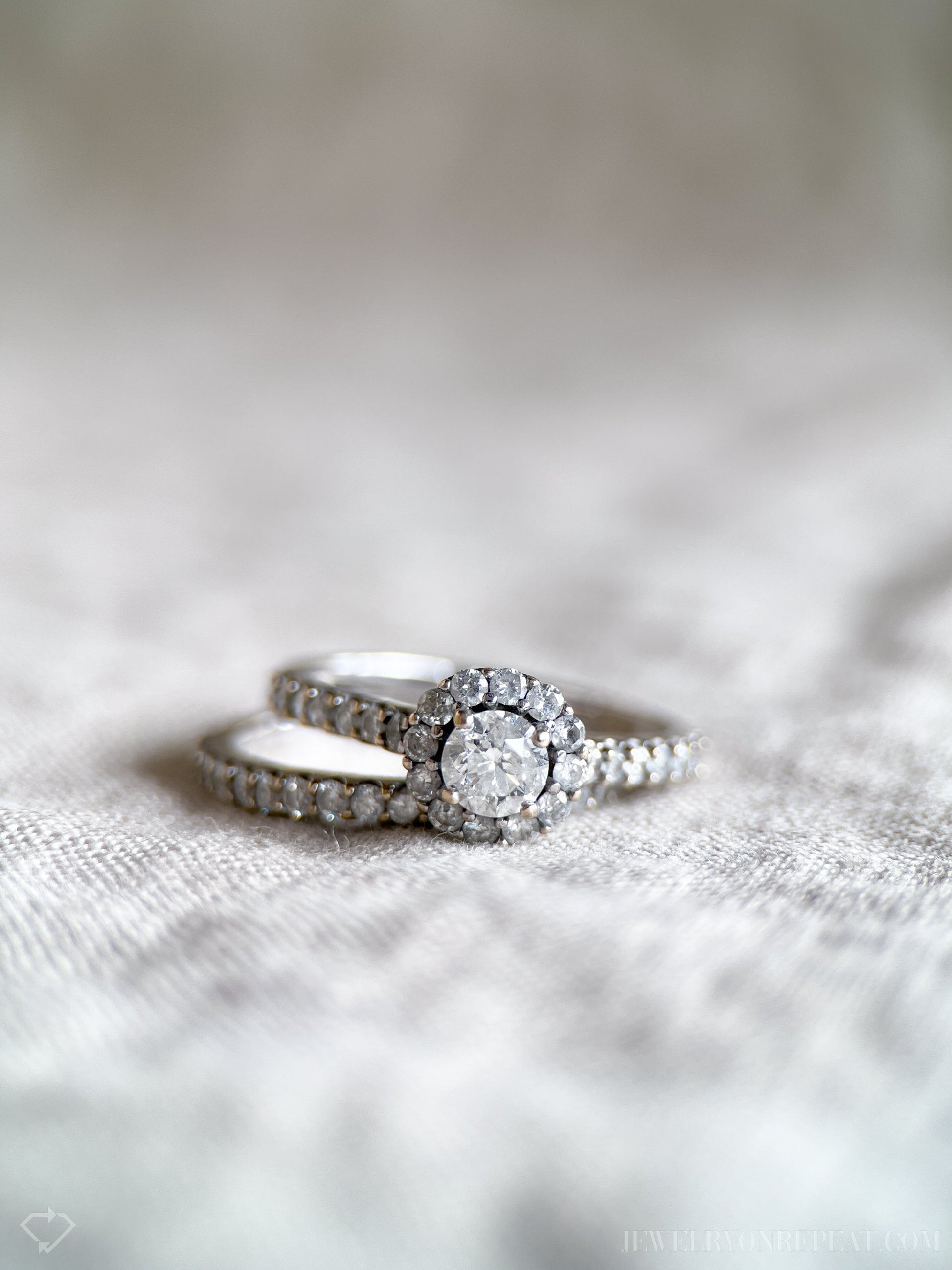 Vintage Diamond Halo Engagement Ring and Wedding Band Set in 14k White Gold