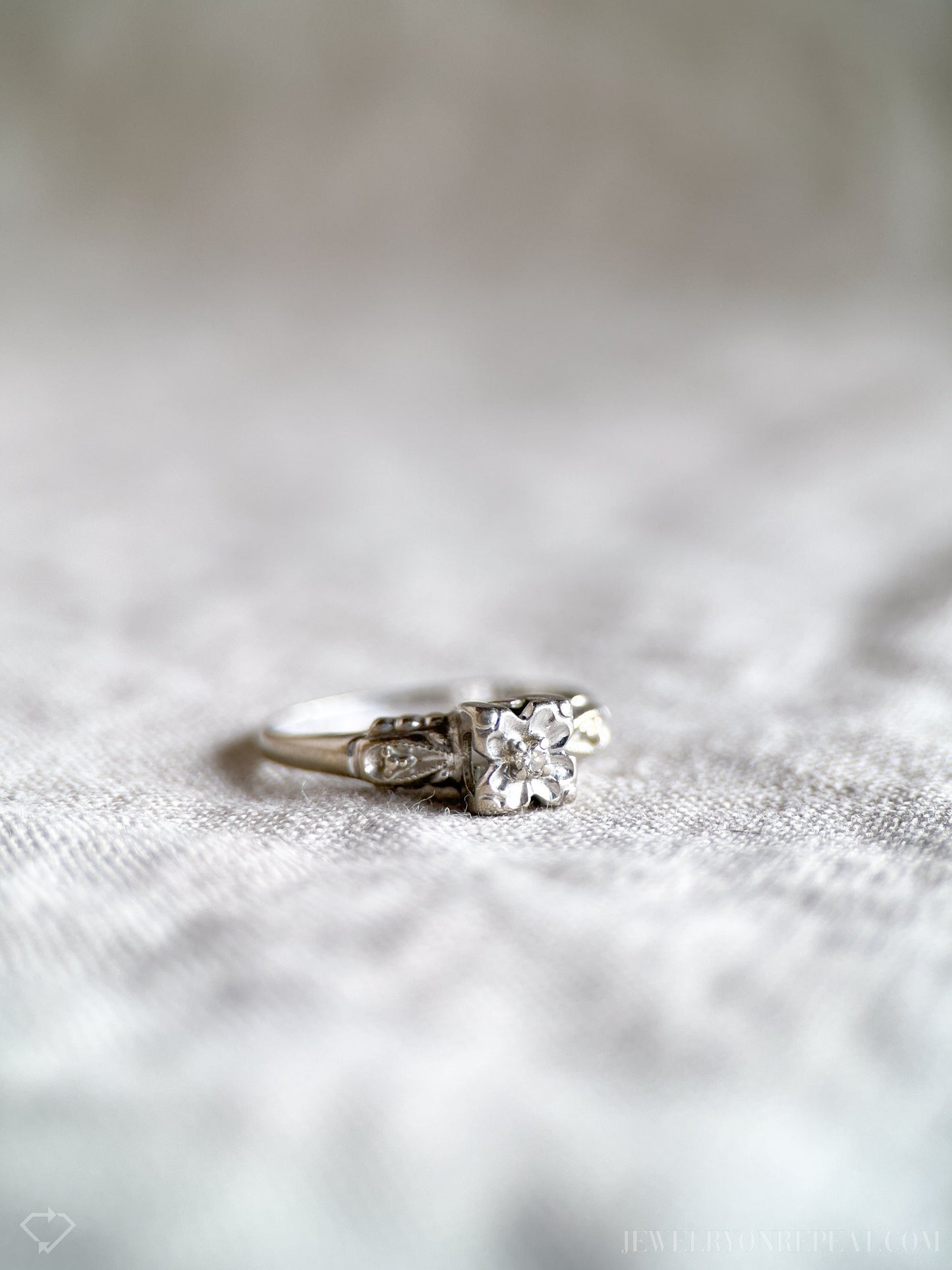 Vintage Diamond Engagement Ring, Round Cut, 14k White Gold, 1940s Art Deco Bridal Ring