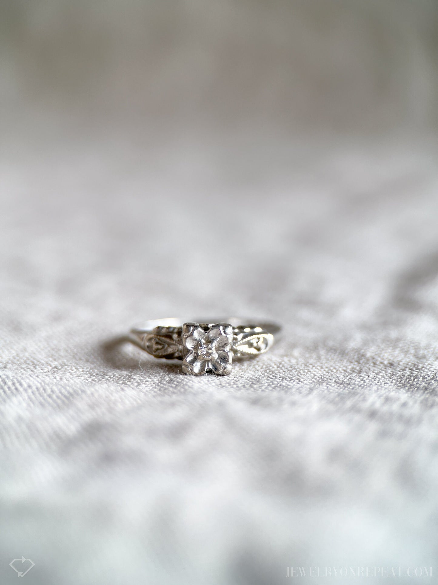 Vintage Diamond Engagement Ring, Round Cut, 14k White Gold, 1940s Art Deco Bridal Ring