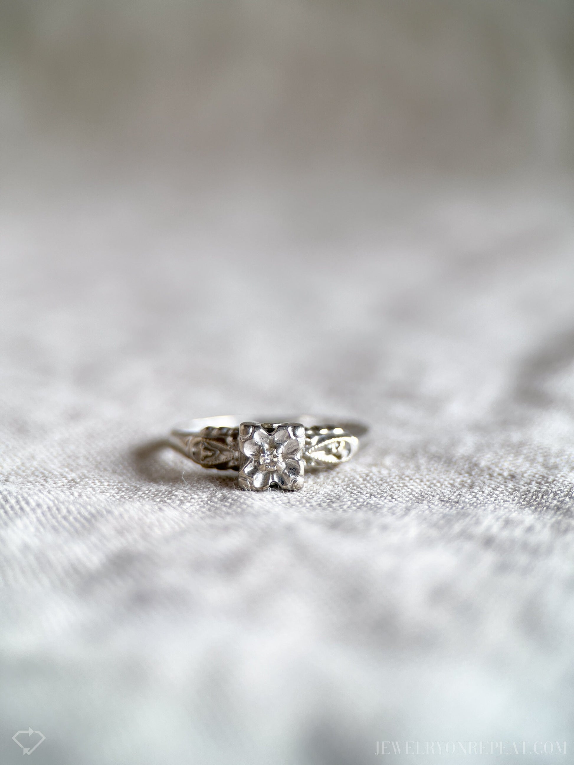 Vintage Diamond Engagement Ring, Round Cut, 14k White Gold, 1940s Art Deco Bridal Ring