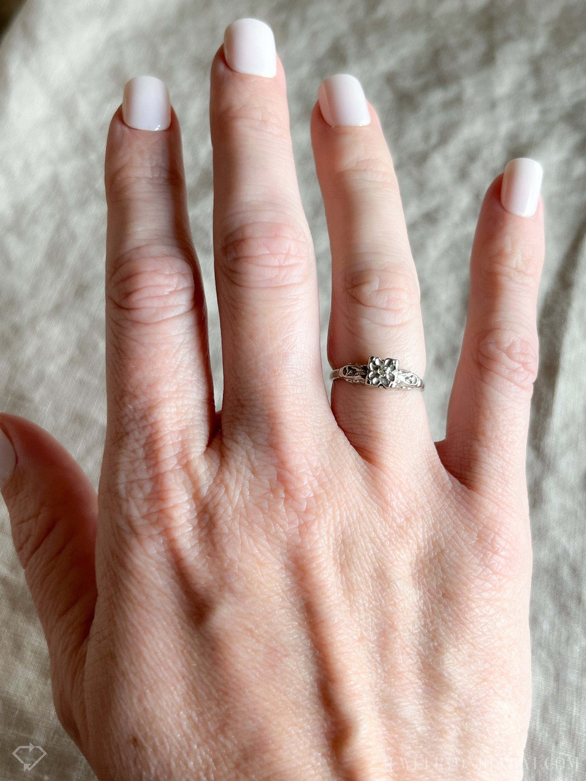 Vintage Diamond Engagement Ring, Round Cut, 14k White Gold, 1940s Art Deco Bridal Ring