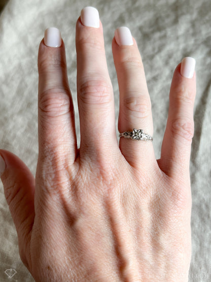 Vintage Diamond Engagement Ring, Round Cut, 14k White Gold, 1940s Art Deco Bridal Ring