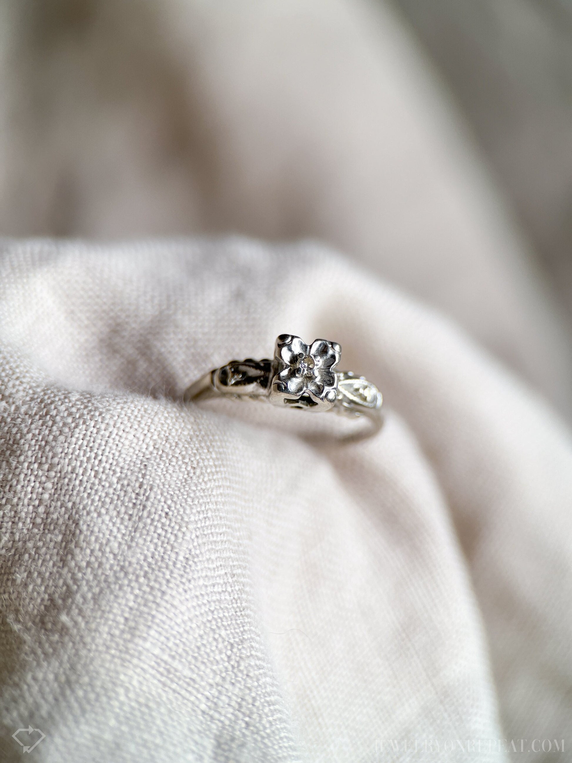 Vintage Diamond Engagement Ring, Round Cut, 14k White Gold, 1940s Art Deco Bridal Ring